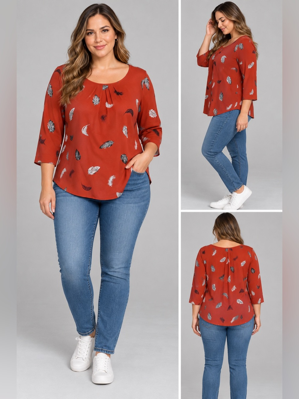 Van Heusen XL Rust Feather Print 3/4 Sleeve Blouse Top